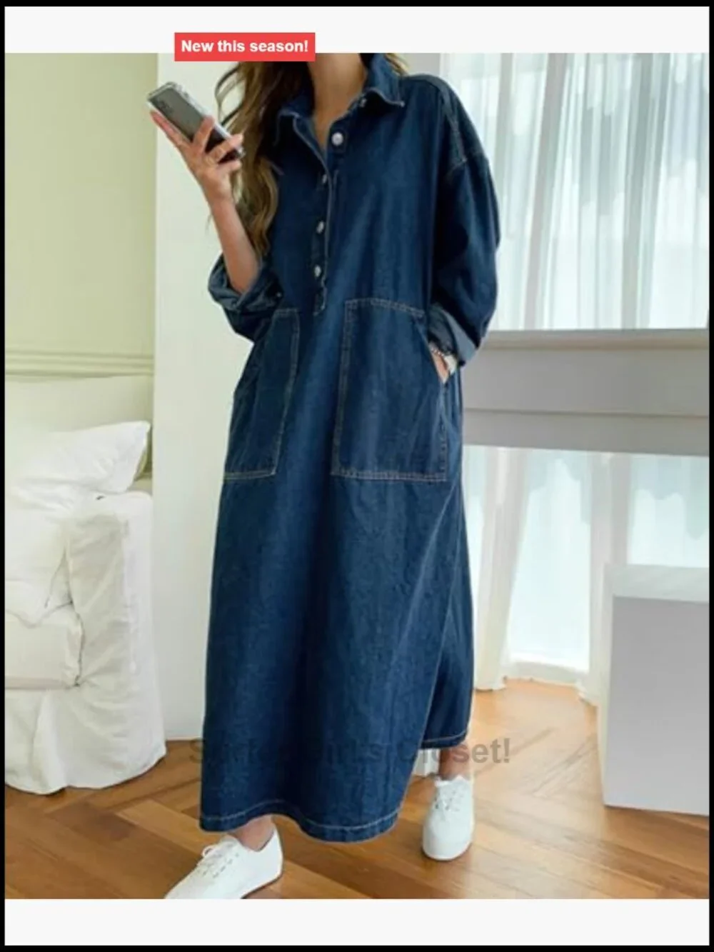Women's Casual Maxi Denim Dress Long Sleeve Button Down Jean